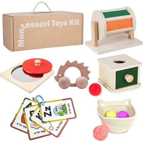 Montessori Educational Toys for Babies 7-12 Months, 7 in 1 Early Learning Educational Kit for Toddlers Gifts, Includes Spinning Drum, Permanent Box, Red Mirror Knob Puzzle, Hedgehog Rattle and More