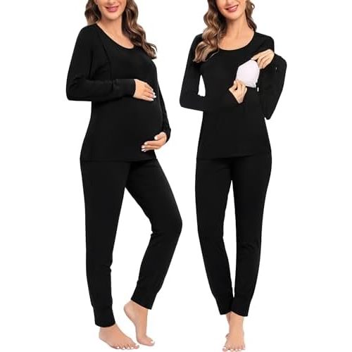 SWOMOG Women Maternity & Nursing Thermal Underwear Set Postpartum Pajamas Breastfeeding Long Sleeve Base Layer Pregnant Pjs