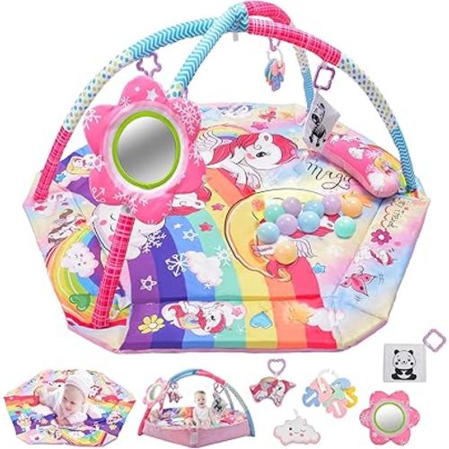 BATTOP Baby Tummy Time Play Mat,Baby Gym Play Mat with 6 Sensory Rattle Toys& Ball Pit,Baby Girl Play Mat Activity Gym for Motor Skills & Sensory Development,Newborn Shower Gift,Infant Baby Essentials