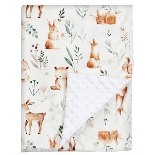 PHF Minky Baby Blanket, 30x40 Inches Soft Toddler Blanket with Double Layer Dotted Backing for Girls, Reversible Crib Receiving Blanket Bed Throws for Newborn, Babies, Woodland&Forest, 30x40 Inches