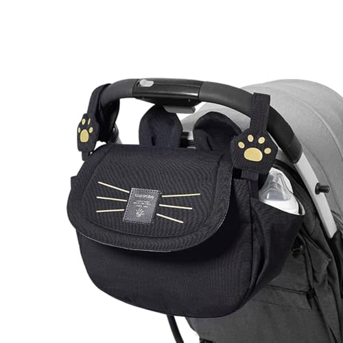 SUNVENO Universal Stroller Organizer with Cup Holder and Shoulder Strap, Cute Cartoon Cat Design, Diaper Bag with Multiple Inner Pockets, Fits Uppababy, Baby Jogger, Britax & Pet Strollers,Black