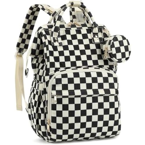 Corduroy Diaper Bag Backpack, Large Capacity Multifunction Baby Diaper Bags for Women, Insulated Bottle Pockets & Pacifier Case, Stylish Travel Nappy Changing Bags for Mom Dad (Checkered Black)