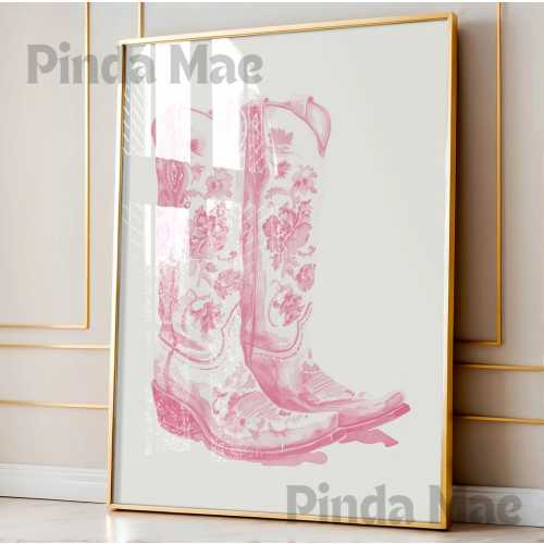 Pink Watercolor Cowboy Boots Print Vintage Watercolor Floral Girl Nursery Decor Aesthetic Apartment Decor Western Art Cowgirl Print Pink
