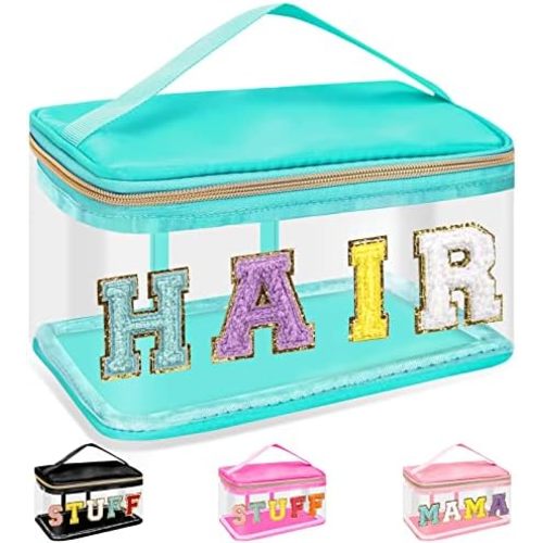 Chenille Letter Clear Makeup Bags Hair Pouch, Preppy Patch Makeup Bag Zipper with Handle, Transparent PVC & Nylon Waterproof Glitter Cosmetic Handbag Travel Toiletry Storage for Women Girl(HAIR-Green)
