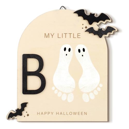 Baby's First DIY Footprint Art Wooden Milestone Card Keepsake Little Boo Sign Nursery Decorative Ornaments for Baby Shower Newborn Photoshoot Prop(Halloween Classic)