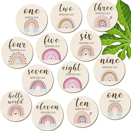 13 Pieces Baby Monthly Milestone Wooden Baby Milestone Cards Boho Rainbow Double Sided Printed Milestone Discs Wood Gift Photo Prop Discs Sets Birth Announcement Sign for Baby Shower Newborn