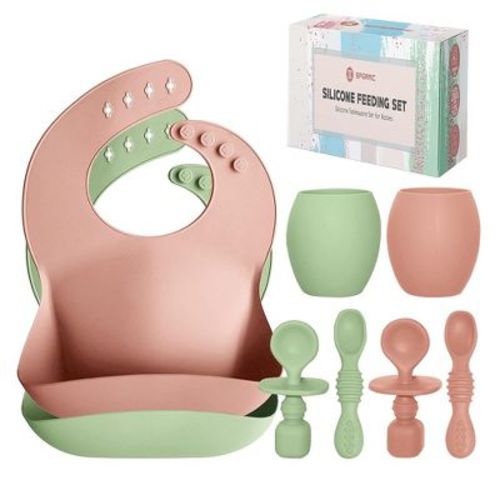 Baby Silicone Feeding Set - Baby Led Weaning Utensils, Silicone Bibs, Infant Feeding Cups Toddlers Smooth Material For Practical Eating, Set Of 8