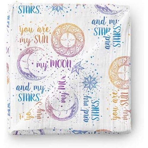 AENNE BABY Muslin Swaddle Blanket for Boys & Girls, Infant Toddler Quilt, Luxurious Wrap, Soft and Silky Stroller & Nursing Cover, Colourful Rainbow Sun Moon Stars Blankie, Large 47"x 47", 1 Pack