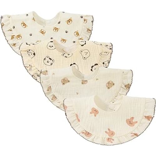 4 pcs Unisex Baby Muslin Bandana Drool Bibs 360 Degree Rotatable Cotton Teething Feeding Drooling Bibs for Boy Girl - Animal Set