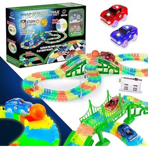 USA Toyz Glow Race Tracks and LED Toy Cars - 360pk Glow in The Dark Bendable Rainbow Race Track Set STEM Building Toys for Boys and Girls with 2 Light Up Toy Cars