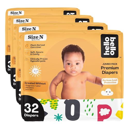 Hello Bello Baby Diapers Newborn Disposable | Plant-Based Material | Extra-Absorbent | Hypoallergenic | Alphabet Soup | 32 Count, Pack of 4
