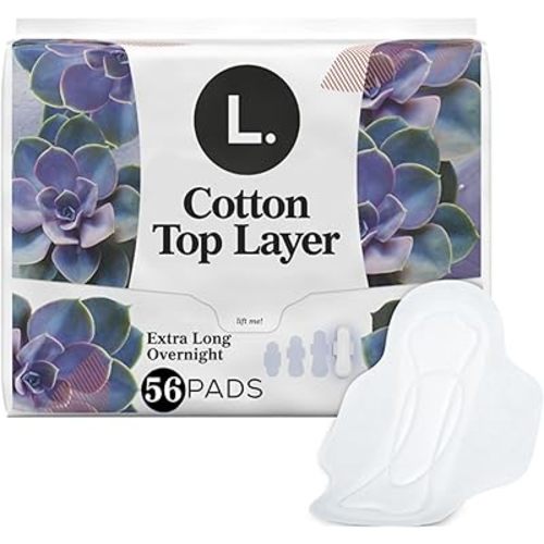 L. Extra Long Maxi Pads for Women, Overnight Absorbency, Organic Cotton Top Layer, Unscented Pads with Wings, 28 Count x 2 Packs (56 Count Total) (Packaging May Vary)