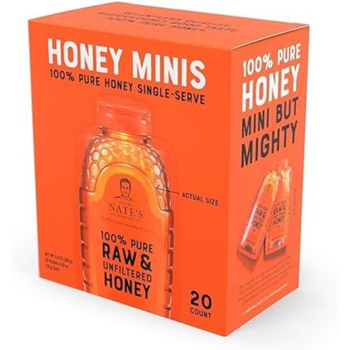 Nate's Honey Minis - Single-Serve 100% Pure, Raw & Unfiltered Honey – 0.49oz Packets, 20ct box