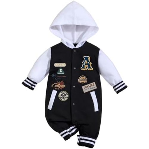Baby Boy Girls Long Sleeve Button Patchwork Hooded Baseball Jacket Casual Fashion Streetwear Romper 0-18 Months