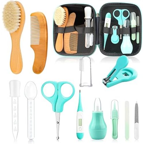 Baby Grooming Kit, Infant Safety Care Set with Hair Brush Comb Nail Clipper Nasal Aspirator,Baby Essentials Kit for Newborn Girls Boys (13 Pc Green Kit)
