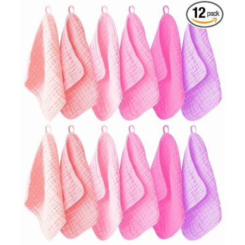 Ease Cubs 12 Pack Muslin Washcloths for Baby - 100% Cotton Baby Wash Cloths for or Baby Face Body Comfy and Soft for Newborn Infants Kids Girls and Boys - 12"x12" - Pink, Purple and Sakura Series