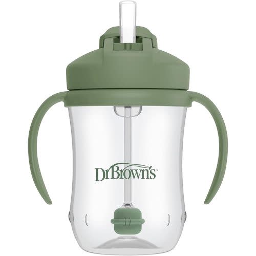 Dr. Brown’s Milestones Baby’s First Straw Cup, Training Cup with Weighted Straw, Olive Green, 6m+