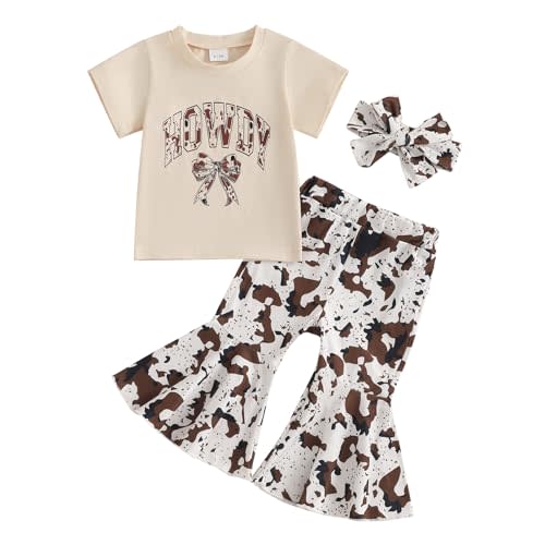 Infant Toddler Baby Girl Western Clothes Short Sleeve Shirts + Cow Print Flare Pants + Headband Summer Outfits