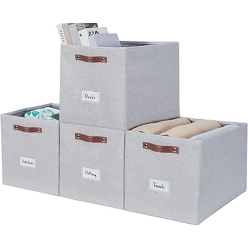 DECOMOMO Storage Baskets, 13x15x13 Storage Cube Bins with Labels for Organizing Shelves (Kallax / 4pcs, Light Grey)