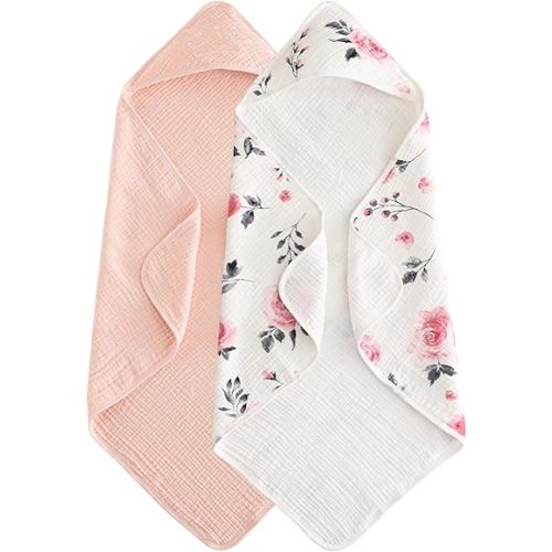 david's kids 2 Pack Hooded Baby Towels, Large 32"x32", 6 Layer 100% Muslin Cotton Highly Absorbent Girl Bath Towel for Newborn, Infant and Toddler. Ultra Soft and Breathable Baby Essentials, Floral