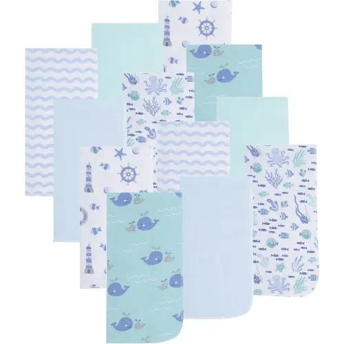 EVERYDAY KIDS 12 Pack Burp Cloths for Baby Boy; Newborn Essential with - Large Absorbent Cotton Flannel Blue/Teal Burping Cloths for Babies with Ocean, Sea Shells, Sailboats and Fish Prints and Solids