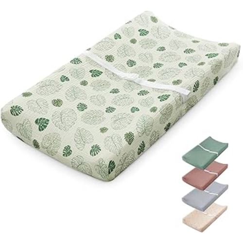 Blissful Diary Muslin Baby Changing Pad with Waterproof Lining Foam, Diaper Changing Table Pad with Cover for Dressers (Monstera, Rectangular)