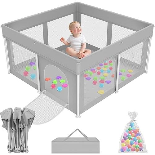 Foldable Playpen for Babies and Toddlers,47"×47" Collapsible Play Pen with 50 Ball Pit Balls, Portable Play Yard, Baby Fence with Carry Bag, Mat Not Include, Grey
