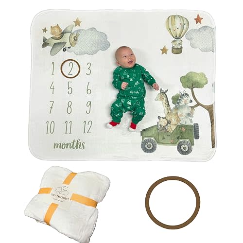 Tiny Treasures Baby Monthly Milestone Blanket Unisex | Soft Fleece, Safari Design | Newborn Photography Backdrop | Neutral Pastel Colors | 48" x 40