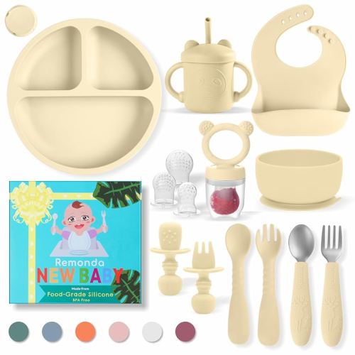 Baby Led Weaning Supplies,Silicone Baby Feeding Set, Baby Gifts,Suction Plate Bowl Set, Self Feeding Utensil Sets, Bib, Cup, Fruit Feeder, First Stage Eating Essentials, 6+ Months(Beige)