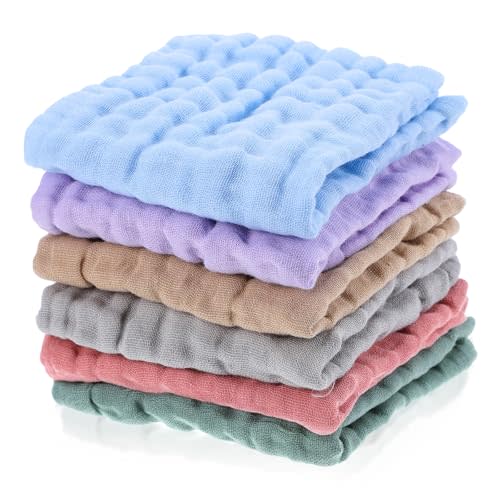 Qianyu 6 Pcs Baby Muslin Washcloths for Unisex 100% Cotton Bath Wash Cloths for Babies Comfy Soft Absorbent Burp Cloths for Newborns Infants Kids Girls and Boys Multicolor 9.75 x 9.75 Inches