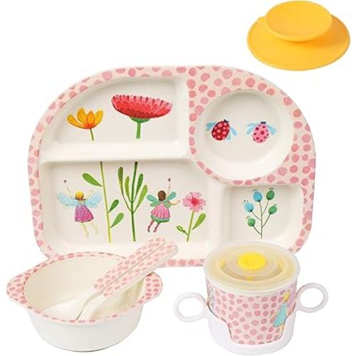 shopwithgreen 7Pcs/Set Bamboo Kids Dinnerware Set - Children Dishes - Food Plate Bowl Cup Spoon Fork Set Dishware, Cartoon Tableware, Dishwasher Safe Kids Healthy Mealtime, BPA Free