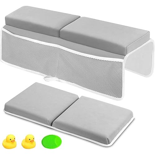 Poskad Bath Kneeler and Elbow Rest Pad Set – Thick Baby Bath Kneeling Pad with Memory Foam, Non-Slip Cushion for Knees and Elbows, Baby Bath Pad with Toy Organizer, Comfortable Baby Bathing,Gray