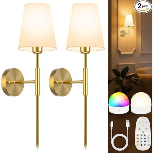 Battery Operated Wall Sconces Set of 2, Wireless Wall Lights with Rechargeable Bulbs & Remote, 15 Colors & Dimmable, Battery Powered Wall Lights for Bedroom, Living Room, Hallway 25.6in