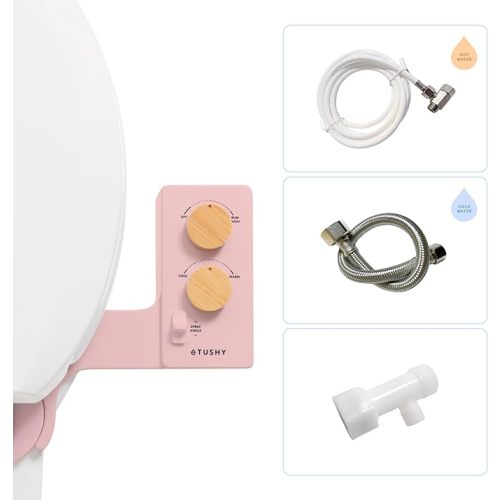 TUSHY 3.0 Spa Cool to Warm Water Bidet Attachment. Easy Universal Toilet Seat Install, Requires Sink Connection for Temperature Control. Fresh Self Cleaning Clean Water (Pink/Bamboo)