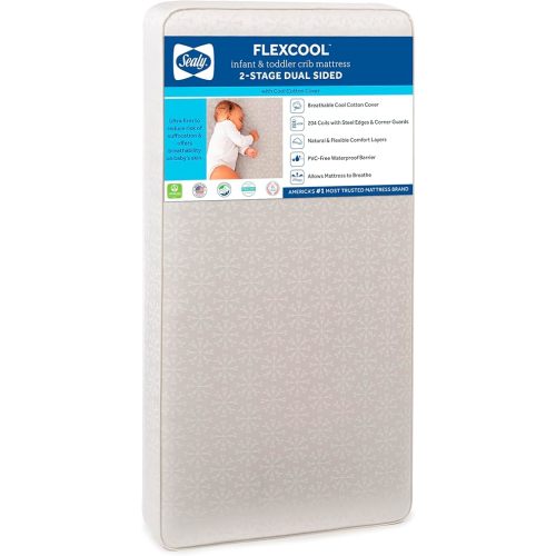 Sealy Baby Flex Cool 2 Stage Breathable Crib Mattress with Toddler Bed Fit, Waterproof & Airy Cotton Cover, 204 Premium Coils, GREENGUARD Gold Certified, Safety & Quality Tested, Made in USA, 52"X28"