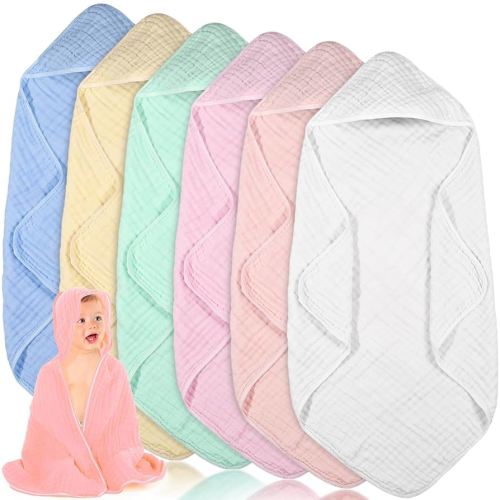 Peryiter 6 Pcs Muslin Hooded Baby Towels,32"x 32" Cotton Newborn Bath Towel Muslin Infant Baby Blankets Absorbent Unisex Newborn Registry Gift for Girls Boys (Light Color Series)