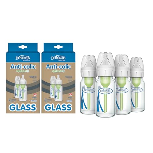 Dr. Brown's Natural Flow Anti-Colic Options+ Narrow Glass Baby Bottle 4 oz/120 mL, with Level 1 Slow Flow Nipple, 4 Pack, 0m+