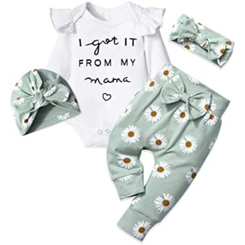 Infant Newborn Baby Girl Clothes Set White Ruffle long-sleeve Top + Pants + Headband + Hat 4pcs 0-6M Baby Clothes