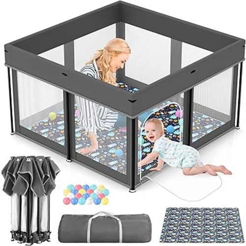 Foldable Baby Playpen, 50"×50" Play Yard Playpen for Babies and Toddlers 1-3, Portable Playpen with Mat, Play Fence Gate Corrales para Bebes