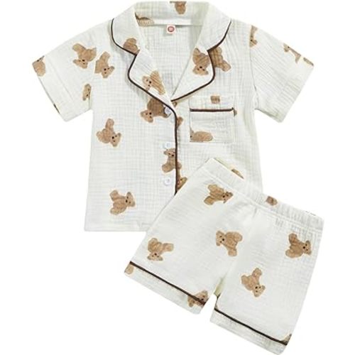BULINGNA Conjunto de pijama de dos piezas para niños y niñas pequeñas, camisa de pijama con botones, pantalones cortos, conjunto de pijama de oso