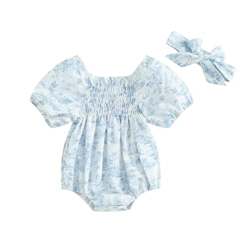 Ursobutegl Infant Baby Girls Romper Floral Ruffle Sleeve Pleated Smocked Bubble One Piece Ruched Jumpsuit Summer Bodysuit