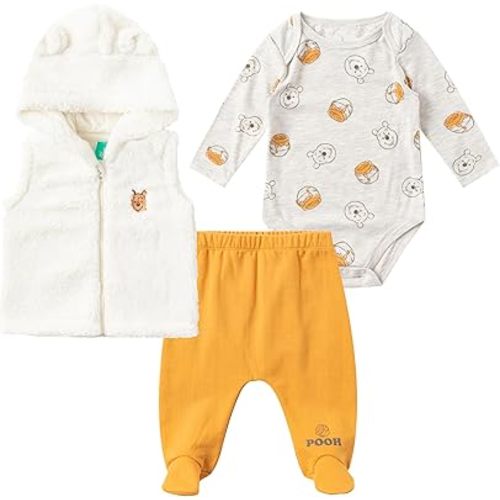 Disney Winnie the Pooh Baby Boys Sherpa Hooded Vest with Long Sleeve Bodysuit, and Pants Set for Infants