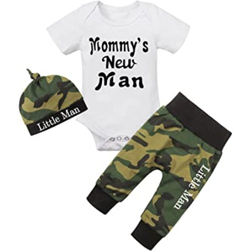 Fommy Newborn Baby Boy Clothes New to The Crew Letter Print Romper+ Pants+Hat 3PCS Outfit