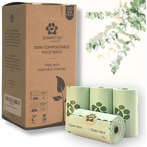 Pawtria Certified Home Compostable Dog Poop Bags (120 Bags), Biodegradable Poop Bags for Dogs, Cat Litter, Vegetable Starches, Eco-friendly Dog Waste Bags, Leakproof, Easy to Open, Give Back - 120 Count (Pack of 1) - Rolls only