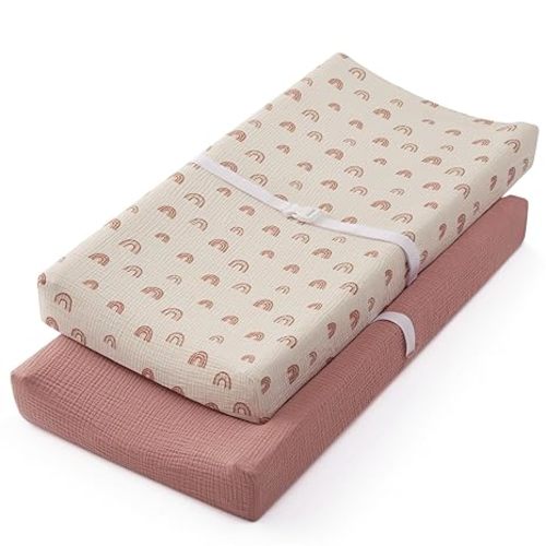 Blissful Diary Muslin Changing Pad Cover for Baby Girls, Ultra Soft Breathable Cotton, Baby Diaper Change Table Pad Covers, 2Pack (Checkered Pink & Dusty Pink)