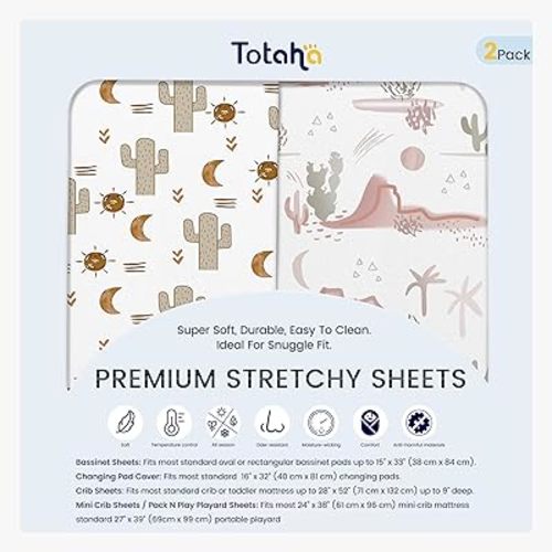 TotAha Cactus Crib Sheets (2-Pack) - Hypoallergenic, Silky Comfort, Buttery Soft, Calming Effect, All-Season Jersey-Knit Sheets, 9'' Extra Deep Pocket Baby Western Crib Sheet
