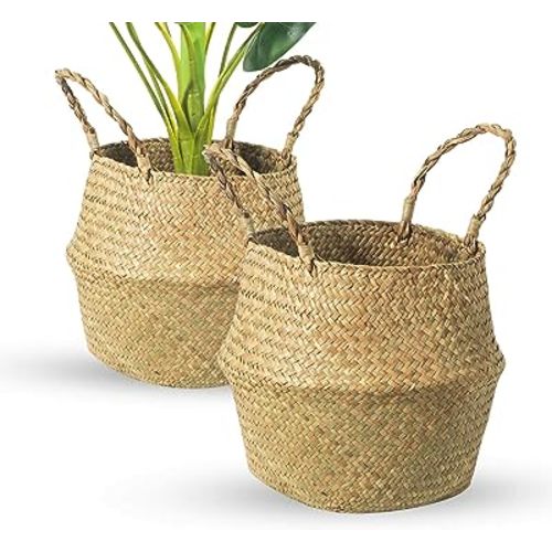 Seagrass Belly Basket, Set of 2 Woven Plant Pot Holder handmade Home Decor for Storage Plants Picnic Grocery Medium(10.63 x 9.44 inch)