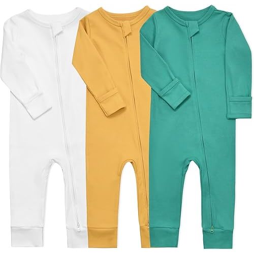 Aablexema Baby Cotton Fooltess Pajamas with Mitten, 3-pack Infant Romper Zip Up One Piece Jumpsuits Outfit
