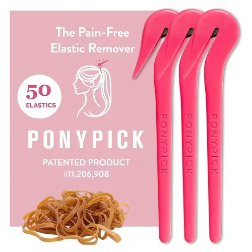 THE PONY PICK Hair Elastic Rubber Bands Cutter - Easy To Use, Pain-Free, No Hair Damage - Ponytail Tool for Kids & Toddlers (3 Packs & 50 Brown Elastics)