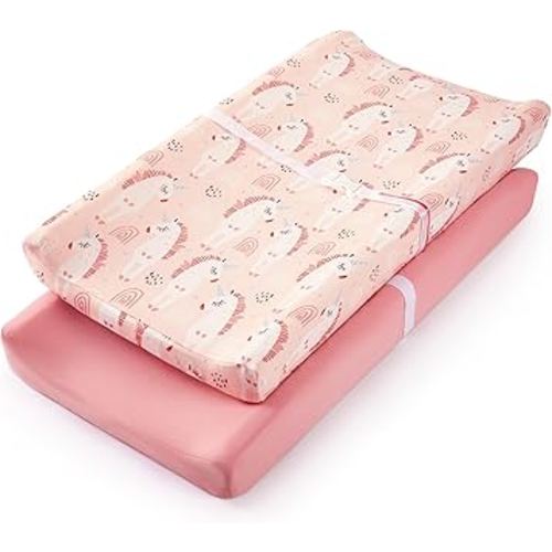 TILLYOU Changing Pad Cover Set in Soft Jersey Material - Fits 32"/34''x16 Contoured Pad for Babies, Unicorn & Meat Powder
